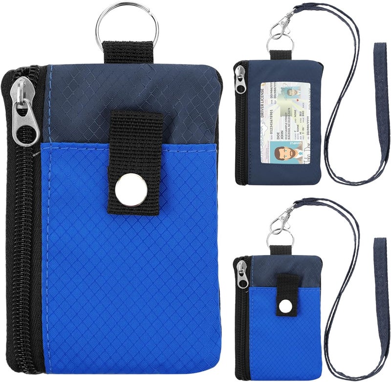 ZHOMA Minimalist Small Wallet for Men Women with 2 Zip Pockets, Multi Functional ID Case with Keychain and Card Holder, Coin Purse Badge Lanyard Pouch for Boys Girls Travel -Blue+DarkBlue - Image 1